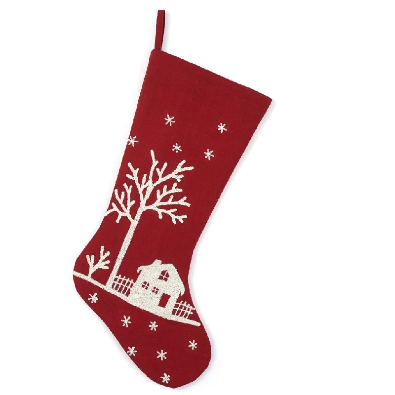 Handmade Christmas Stocking - Snowy Village Embroidered Scene on Red